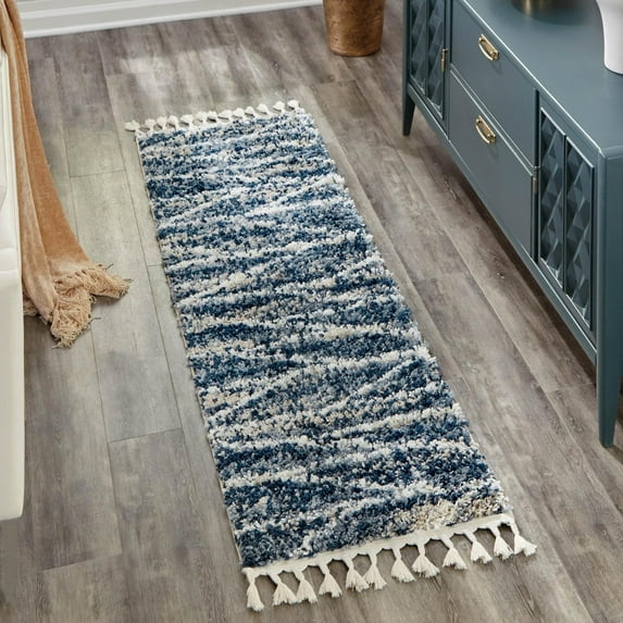 Unique Loom Serenity Shag Collection Area Rug - Castries (2' x 8' Runner Blue/Ivory)