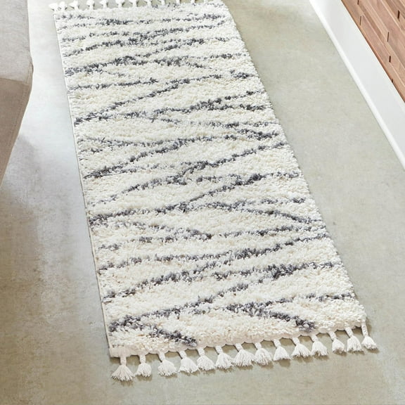 Unique Loom Serenity Shag Collection Area Rug - Castries (2' x 8' Runner White/Gray)