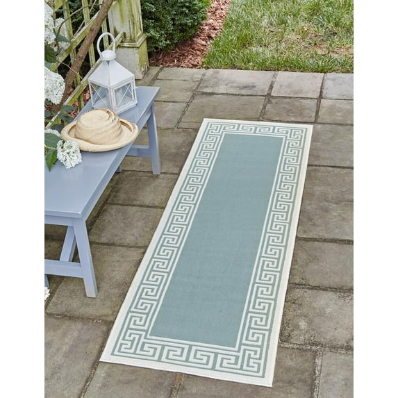 Unique Loom Caye Indoor/Outdoor Coastal Rug Aqua/Ivory 2' x 6' 1" Runner Border Contemporary Flatweave Perfect For Patio Deck Garage Entryway