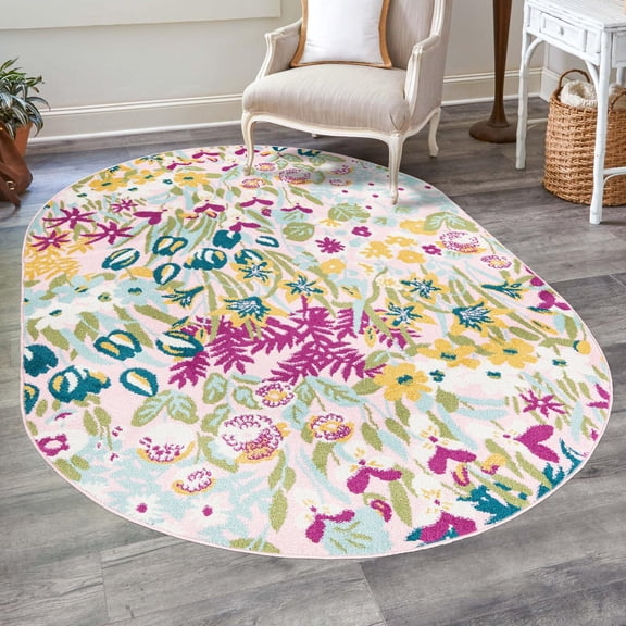 Unique Loom Bloom Collection Area Rug - Celosia (7' 10" x 10' Oval Pink/Ivory)