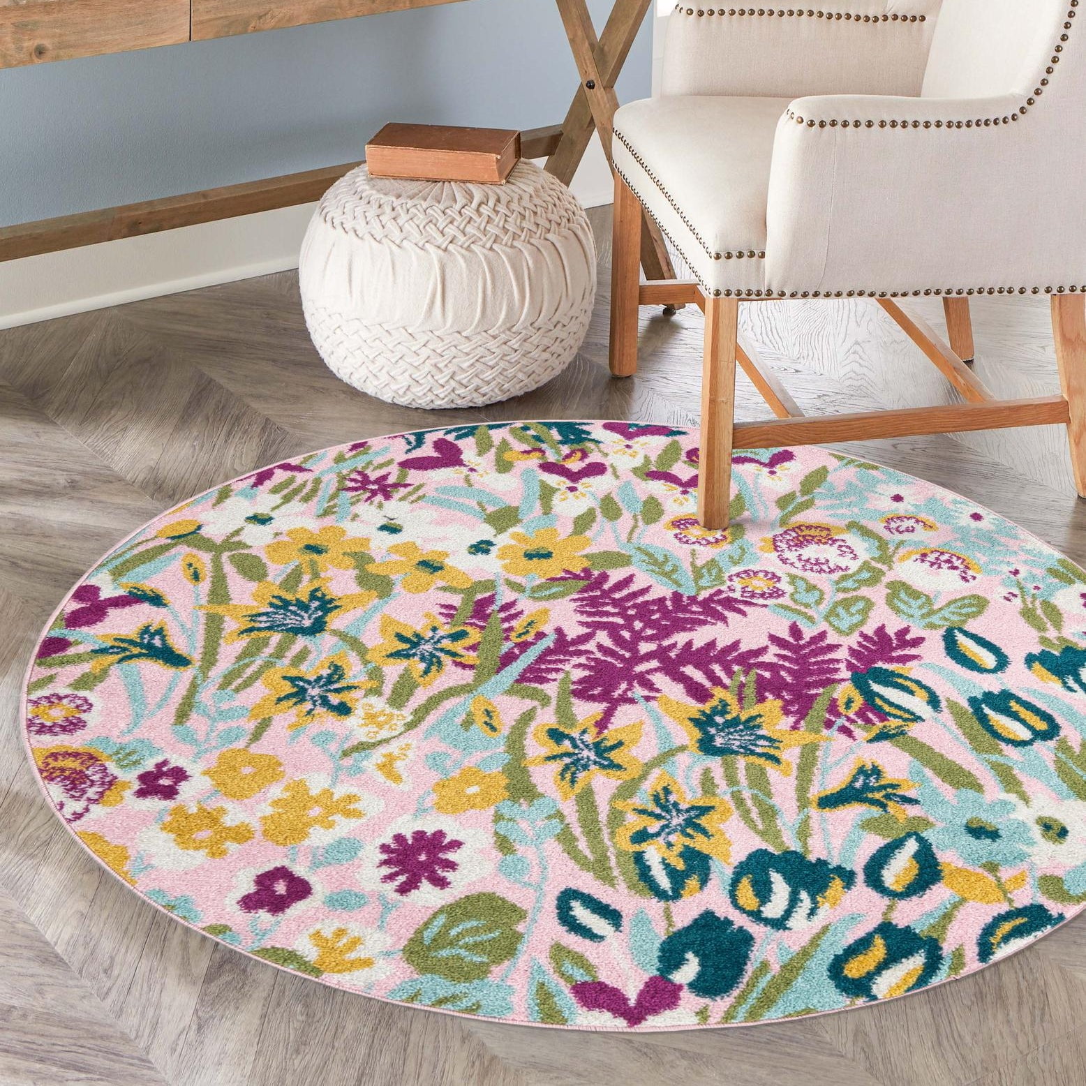 Unique Loom Bloom Collection Area Rug - Celosia (7' Round Pink/Ivory ...