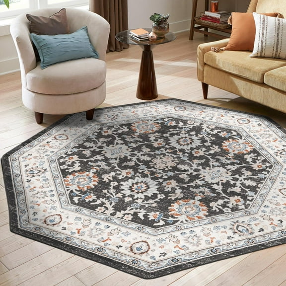 Unique Loom Charlotte Collection Area Rug - Carmel (5' 3" Octagon Fume Gray/Light Blue)