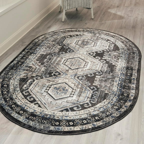 Unique Loom Charlotte Collection Area Rug - Quail (5' 3" x 8' Oval Gray/Light Blue)