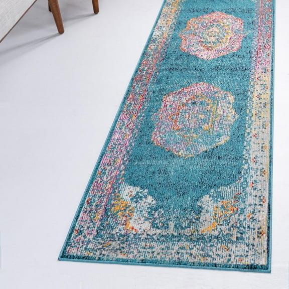 Unique Loom Charm Collection Area Rug - Clover (2' 7" x 13' 1" Runner Turquoise/Blue)