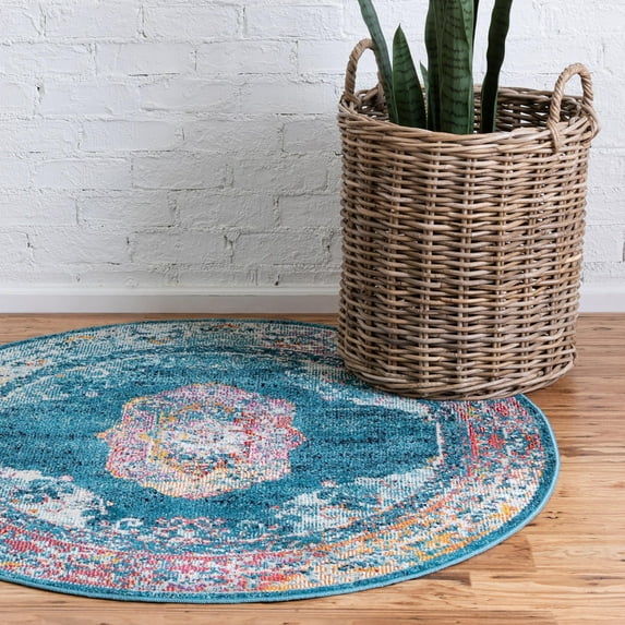 Unique Loom Charm Collection Area Rug - Clover (5' 3" Round Turquoise/Blue)