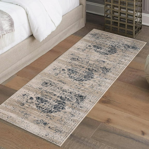 Unique Loom Chateau Collection Area Rug - Hoover (2' x 9' Runner Dark Blue/Beige)