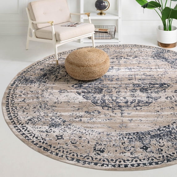 Unique Loom Chateau Collection Area Rug - Hoover (4' 1" Round Dark Blue/Beige)