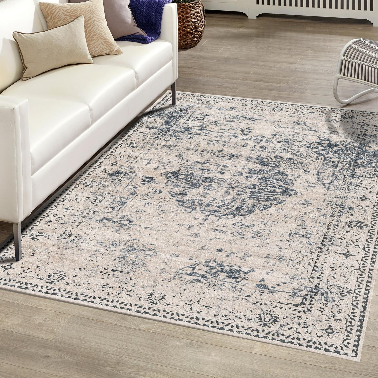 Eliza Blue and Beige Rectangular Stain-Resistant Area Rug