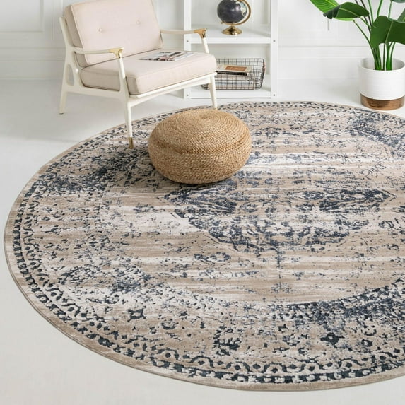 Unique Loom Chateau Collection Area Rug - Hoover (6' 1" Round Dark Blue/Beige)