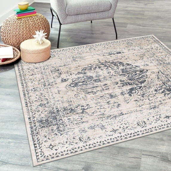 Unique Loom Chateau Collection Area Rug - Hoover (6' 9" Square Dark Blue/Beige)