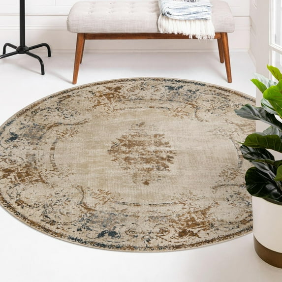 Unique Loom Chateau Collection Area Rug - Lincoln (4' 1" Round Blue Cream/Brown)