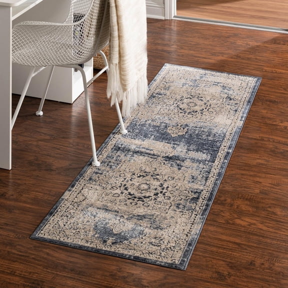 Unique Loom Chateau Collection Area Rug - Roosevelt (2' x 6' 9" Runner Navy Blue/Beige)