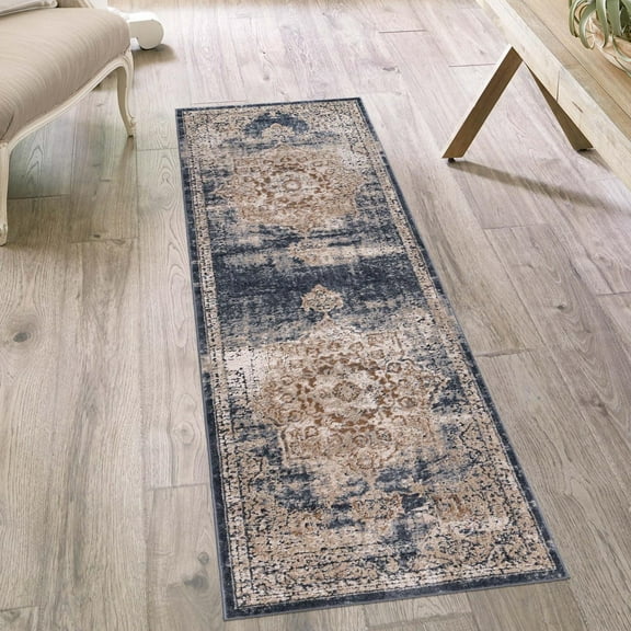 Unique Loom Chateau Collection Area Rug - Roosevelt (2' x 9' Runner Dark Blue/Beige)