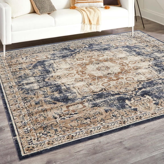 Unique Loom Chateau Collection Area Rug - Roosevelt (7' 1" Square Dark Blue/Beige)