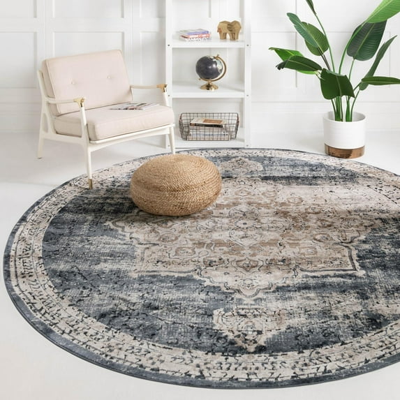 Unique Loom Chateau Collection Area Rug - Roosevelt (7' 10" Round Dark Blue/Beige)