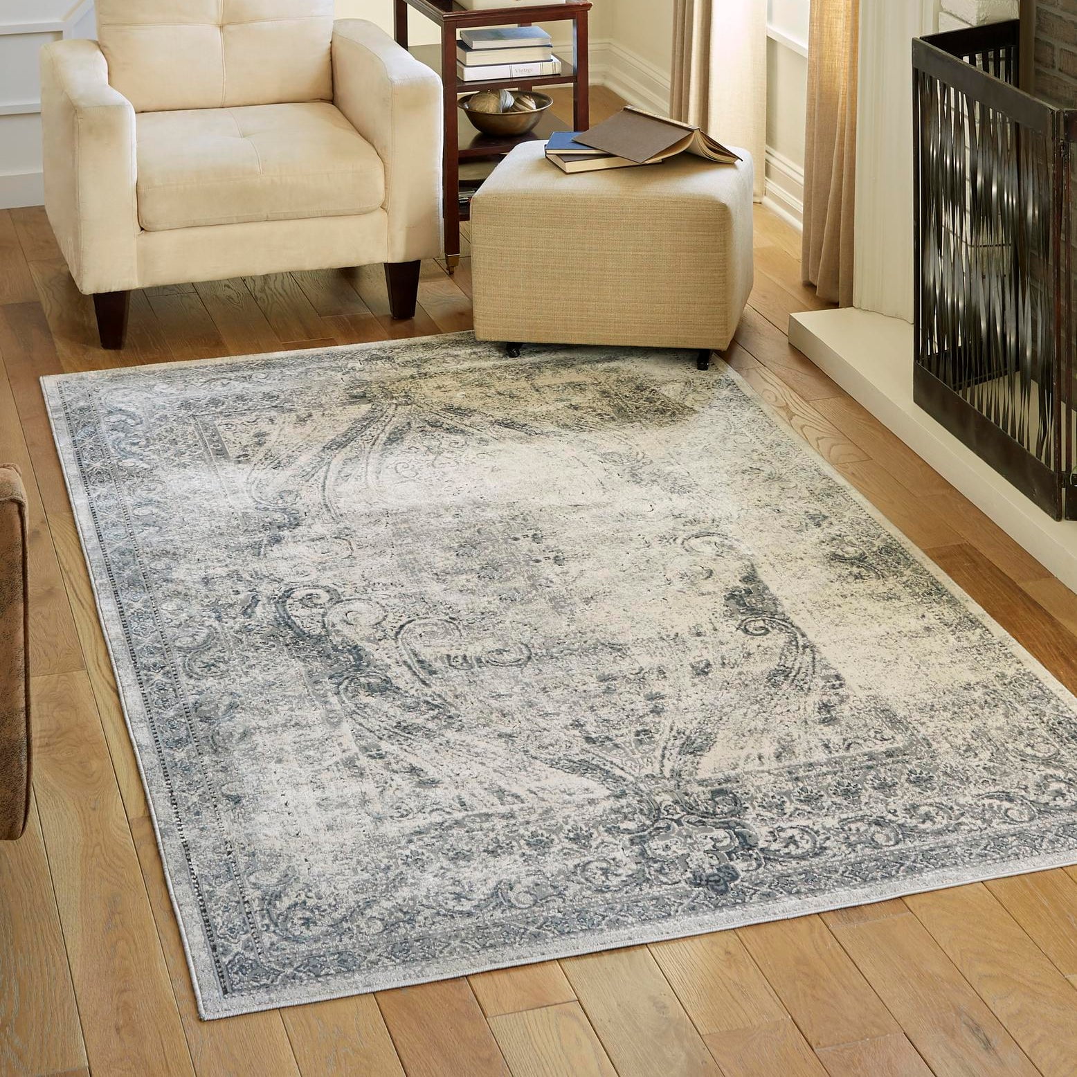 Dark Blue and Grey Rectangular Synthetic Indoor Area Rug