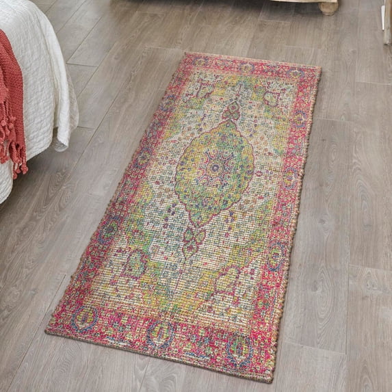 Unique Loom Chenille Jute Collection Area Rug - Amba (2' 2" x 8' Runner Ivory Pink/Navy Blue)