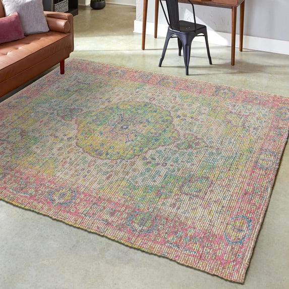 Unique Loom Chenille Jute Collection Area Rug - Amba (7' 10" Square Ivory Pink/Navy Blue)