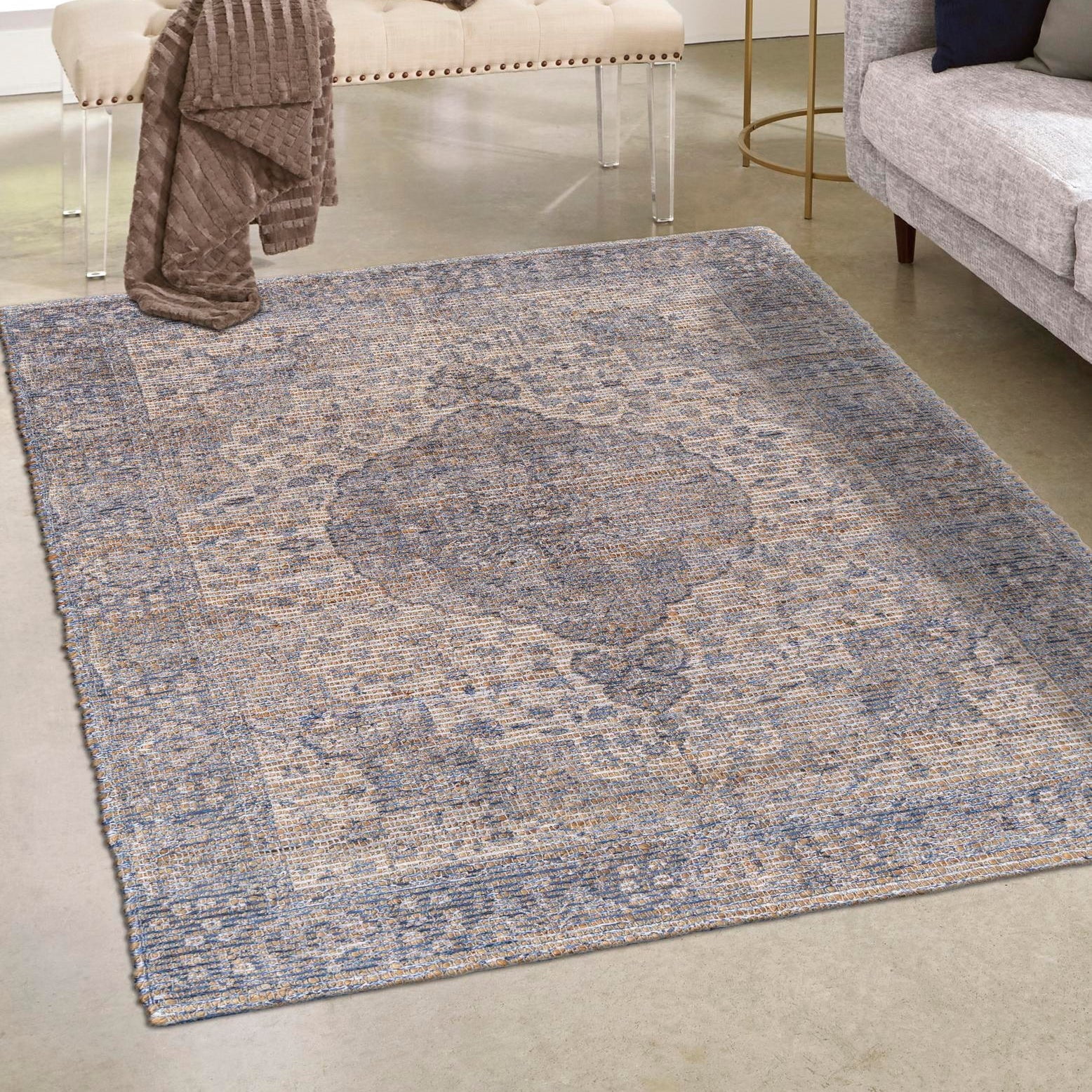 Unique Loom Chenille Jute Collection Area Rug - Amba (9' x 12' Rectangle Blue/Ivory)