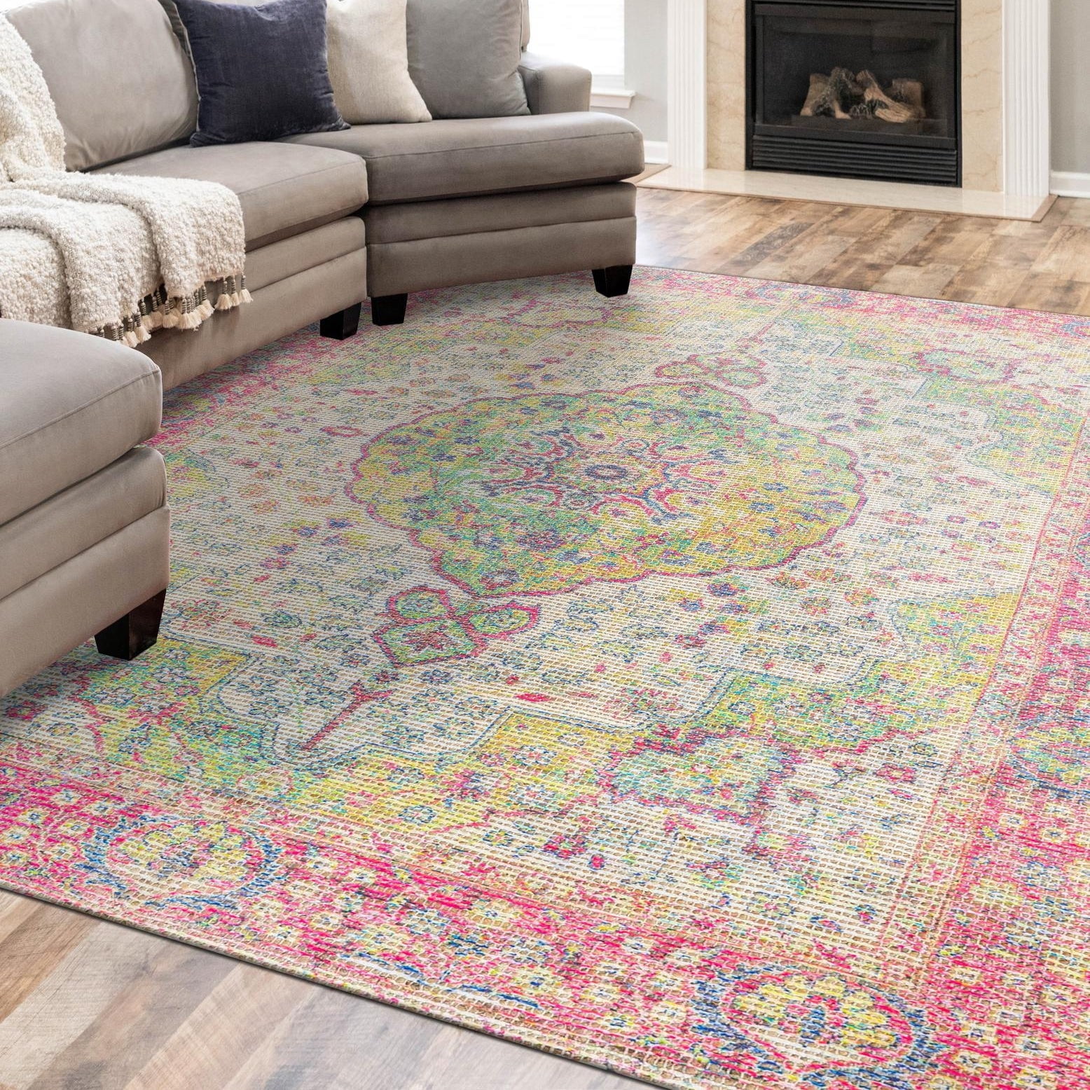 Unique Loom Chenille Jute Collection Area Rug - Amba (9' x 12' Rectangle Ivory Pink/Navy Blue)