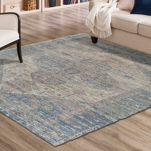 Unique Loom Chenille Jute Collection Area Rug - Raj (7' 10" Square Blue/Ivory)