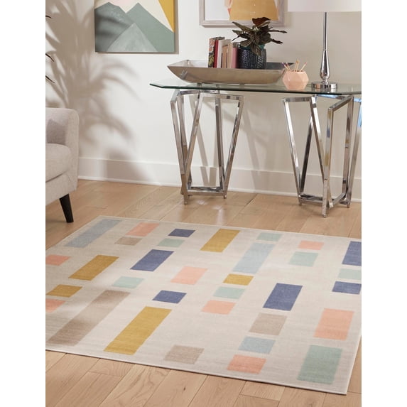 Unique Loom Cherry Lotus Rug Multi/Light Blue 6' 1" Square Geometric Contemporary Perfect For Dining Room Living Room Bed Room