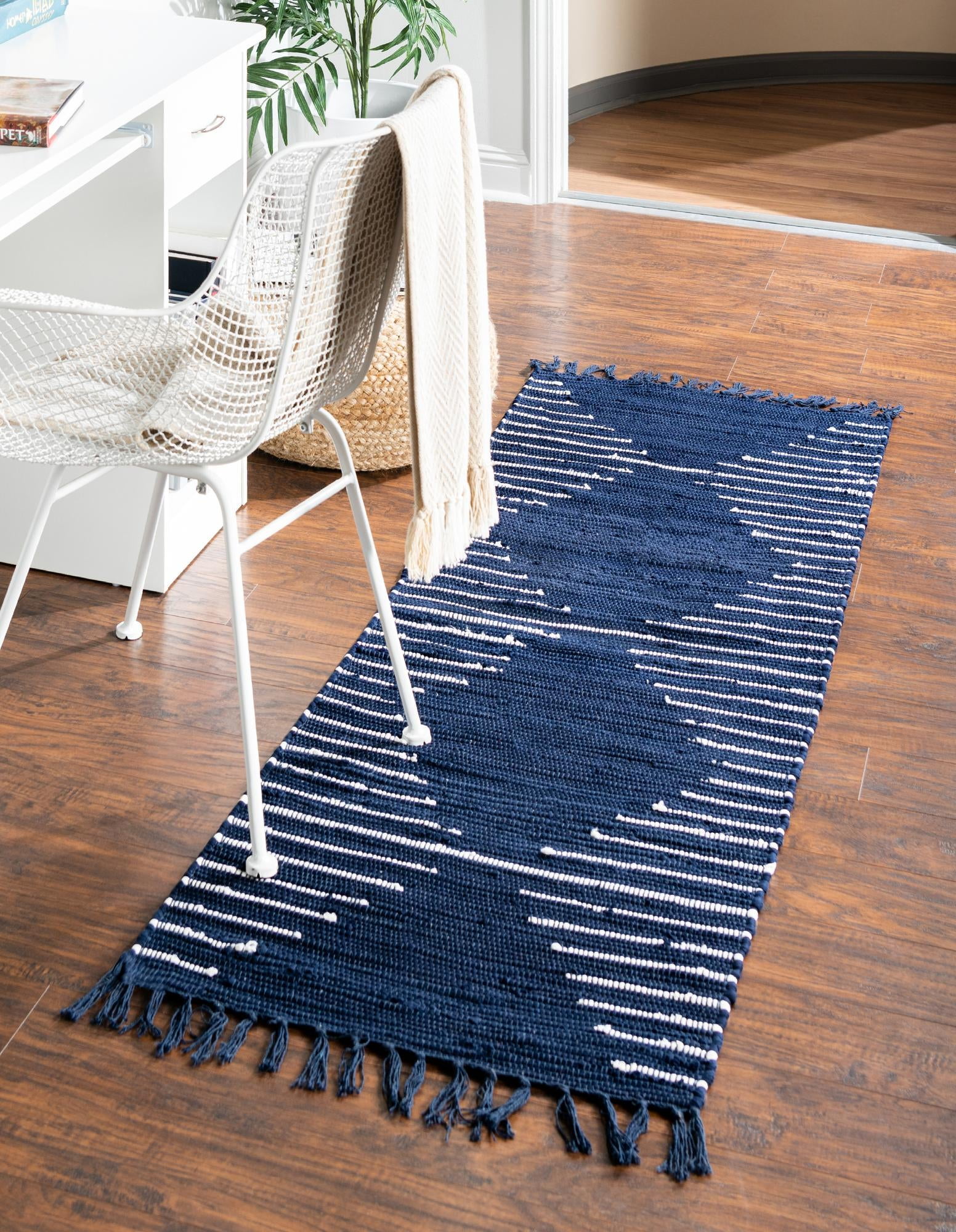 2.5' x 10' Navy Blue and Ivory Tribal Hand Woven Rectangular Rug Runner ...