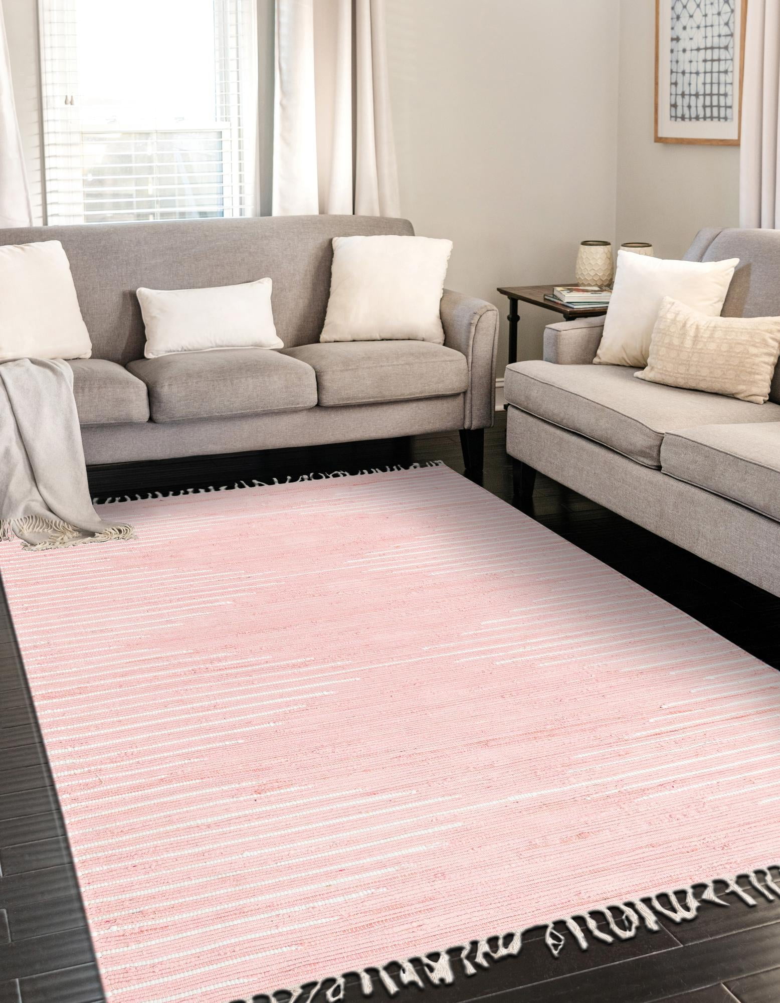 Handwoven Pink and Ivory Cotton Geometric 4' x 6' Area Rug
