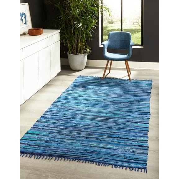 Unique Loom Chindi Cotton Collection Area Rug - Striped (2' 2" x 3' Rectangle Navy Blue/Black)