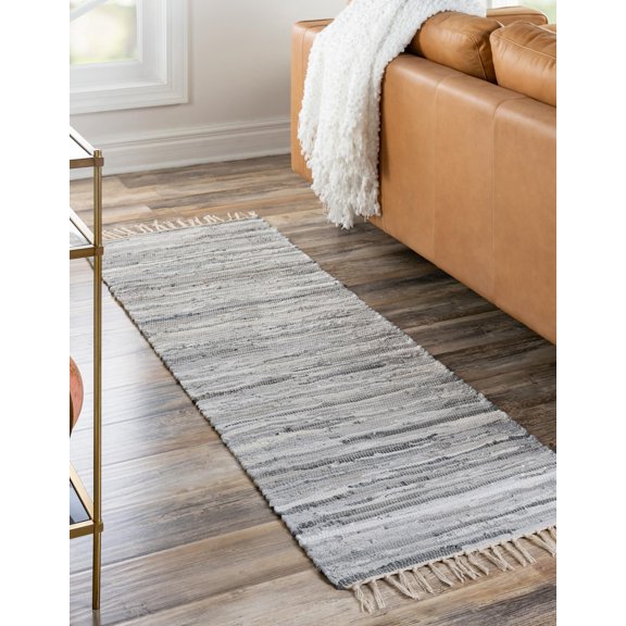 Unique Loom Chindi Cotton Collection Area Rug - Striped (2' 2" x 6' 7" Runner Gray/Ivory)