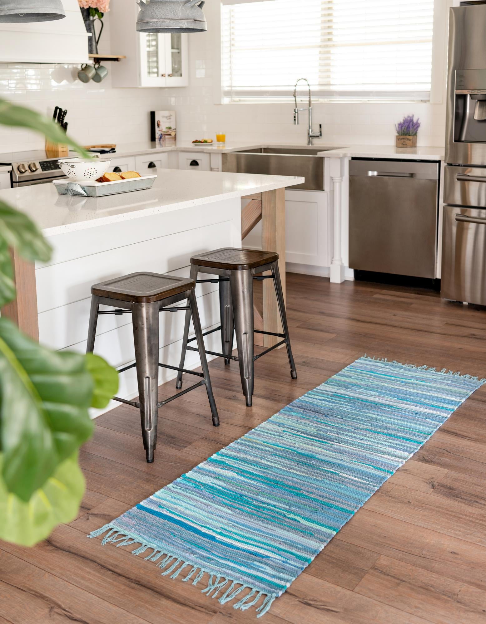 Handwoven Light Blue Stripe Indoor Runner with Recycled Materials