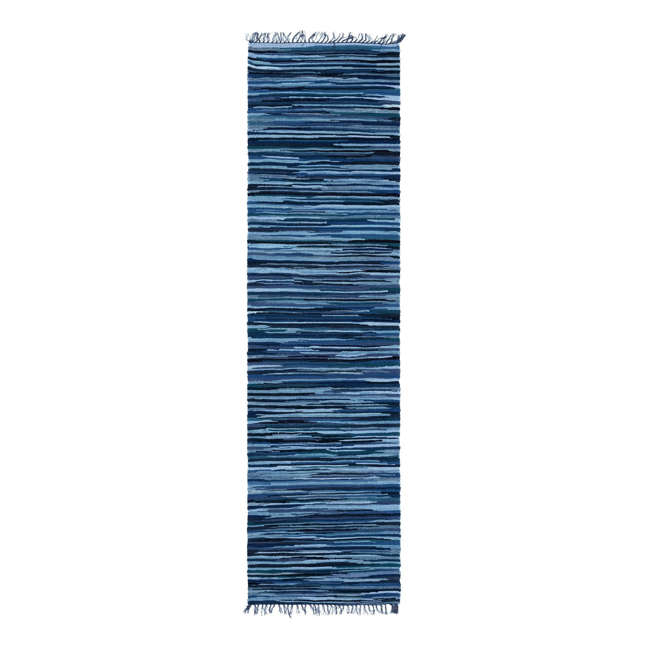 Handmade Navy Blue Stripe Indoor Runner Rug with Easy Care