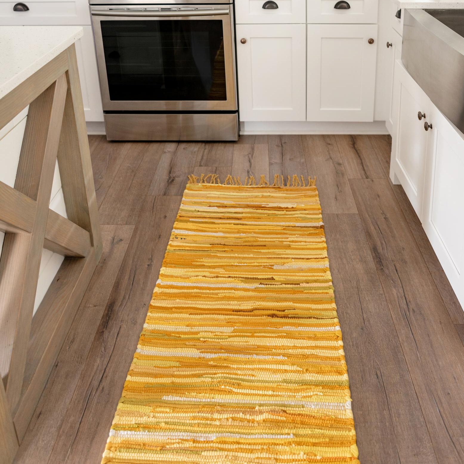 Handmade Yellow Stripe Cotton Indoor Runner Rug, Easy Care