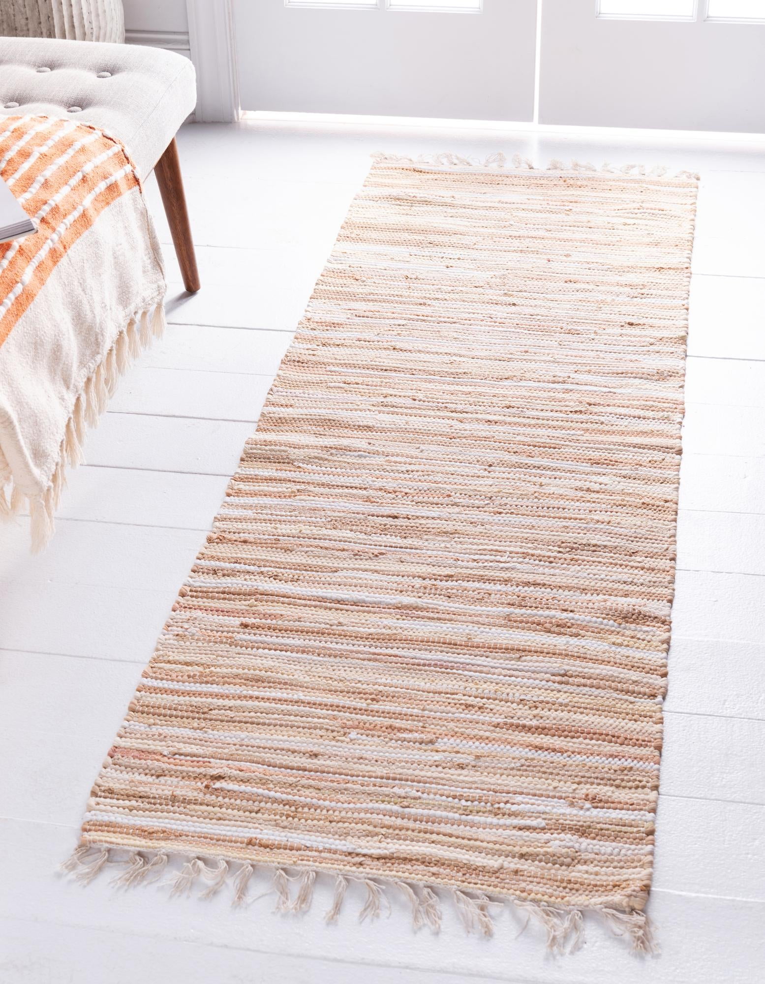 Unique Loom Chindi Cotton Collection Area Rug - Striped (2' x 6' Runner Beige/Ivory)