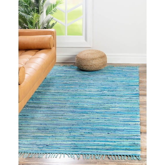 Unique Loom Chindi Cotton Collection Area Rug - Striped (8' x 10' Rectangle Light Blue/Ivory)