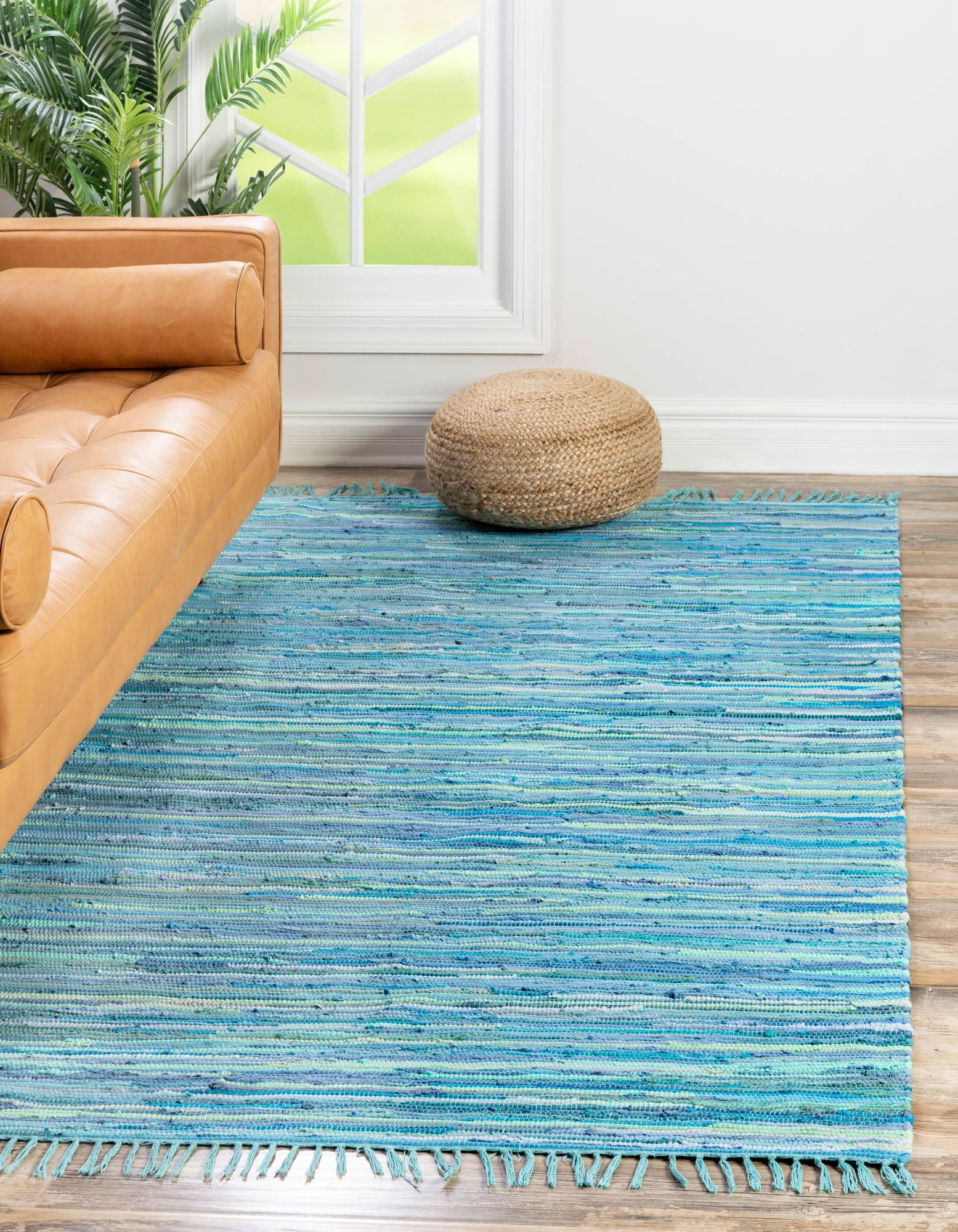 Unique Loom Chindi Cotton Collection Area Rug - Striped (9' x 12' Rectangle Light Blue/Ivory)