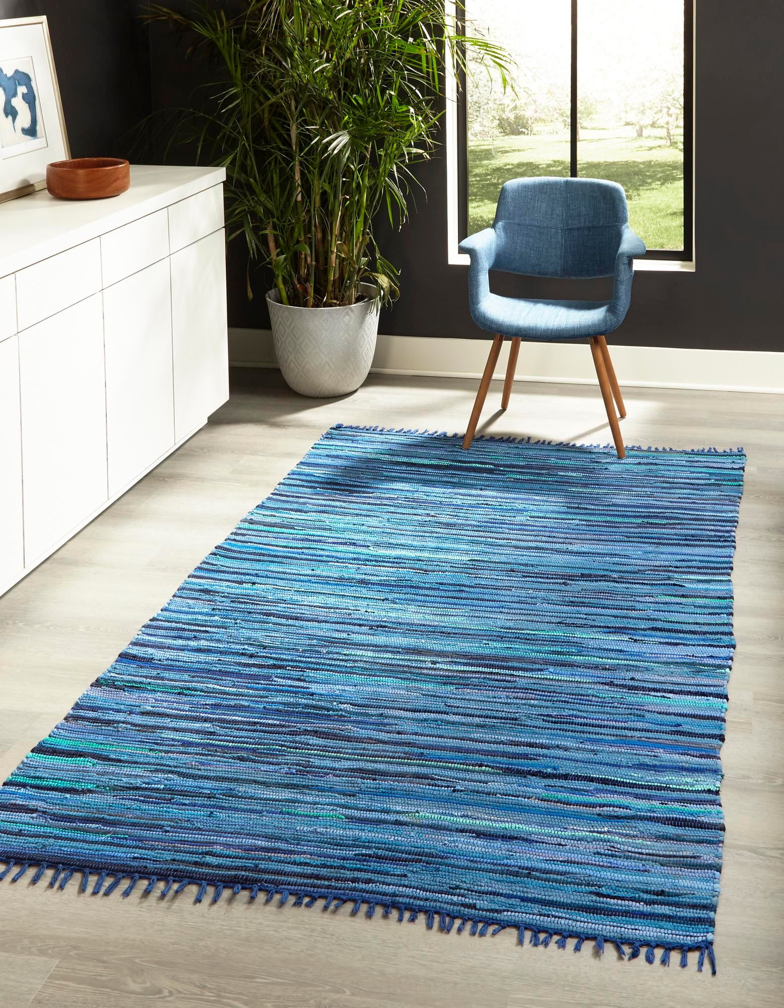 Unique Loom Chindi Cotton Collection Area Rug - Striped (9' x 12' Rectangle Navy Blue/Black)