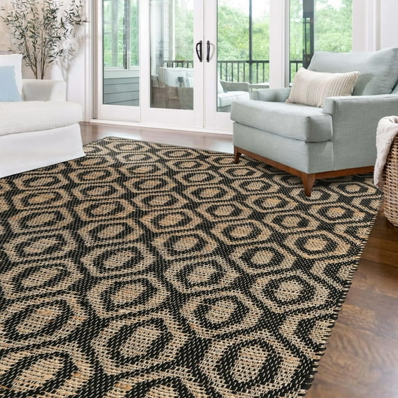 Unique Loom Chindi Jute Collection Area Rug (4' 1" x 6' 1" Rectangle Black/Navy Blue)