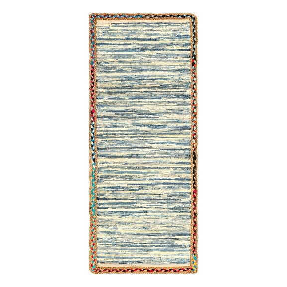 Unique Loom Chindi Jute Collection Area Rug - Striped (2' 7" x 6' 1" Runner Ivory/Blue)