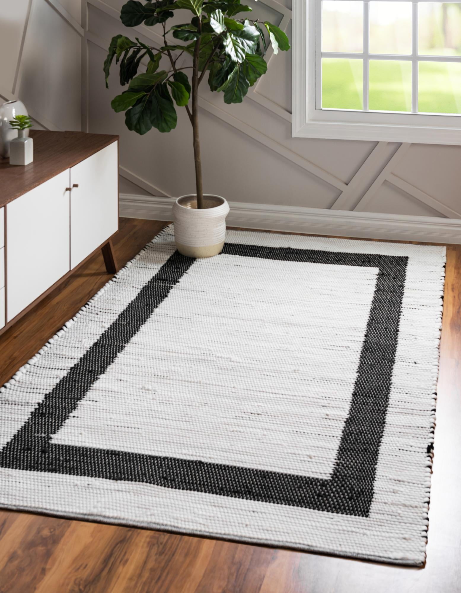 Unique Loom Chindi Jute Rug White and Black/Black 2' x 3' 1" Rectangle Hand Made Border Modern ...