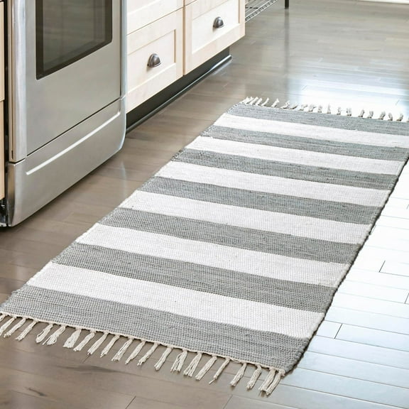 Unique Loom Chindi Rag Collection Area Rug - Striped (2' 2" x 12' Runner Gray/Ivory)