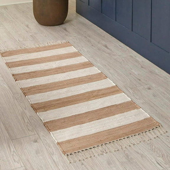 Unique Loom Chindi Rag Collection Area Rug - Striped (2' 7" x 6' 1" Runner Beige/Ivory)