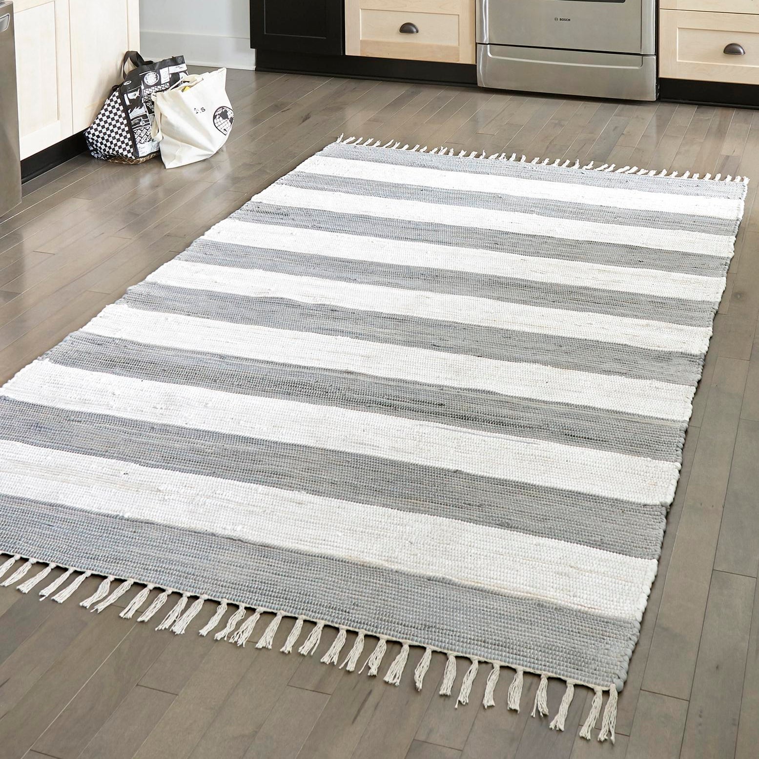 Handwoven Striped Chindi Rag Rug in Gray and Cream Cotton