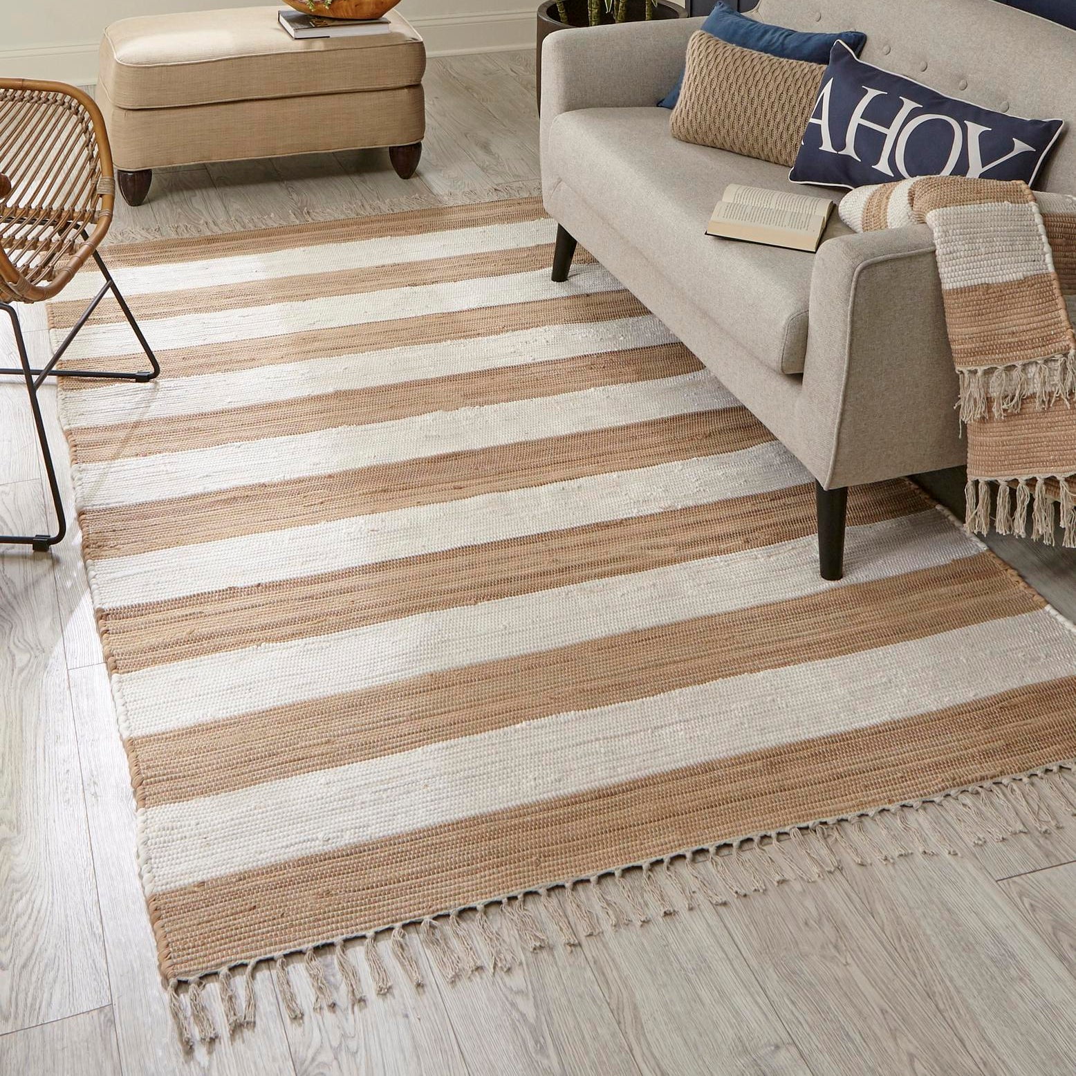 Handwoven Beige Stripe Braided Chindi Rag Rug 9' x 12'