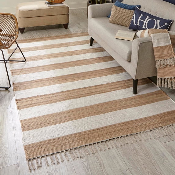 Unique Loom Chindi Rag Collection Area Rug - Striped (9' x 12' 2" Rectangle Beige/Ivory)