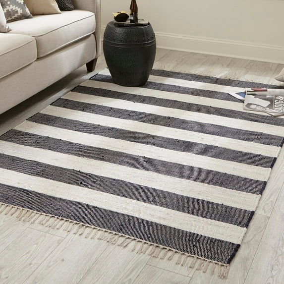Unique Loom Chindi Rag Collection Area Rug - Striped (9' x 12' 2" Rectangle Navy Blue/Ivory)