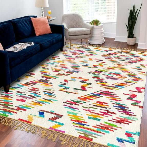 Unique Loom Chindi Trellis Collection Area Rug - Aztec (4' 1" x 6' 1" Rectangle Multi/Blue)