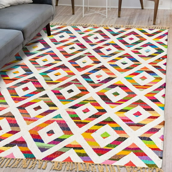 Unique Loom Chindi Trellis Collection Area Rug - Diamond (4' 1" x 6' 1" Rectangle Multi/Beige)