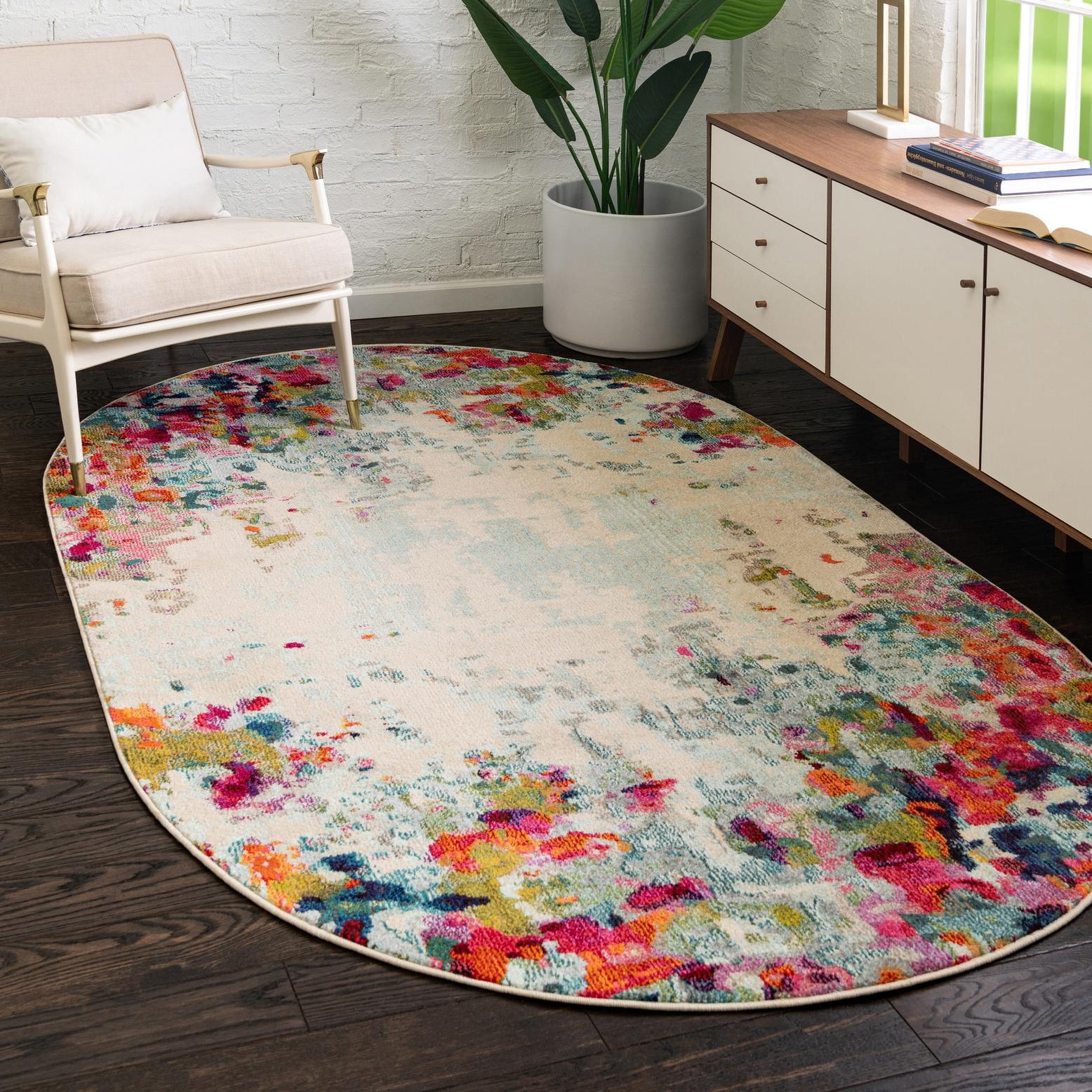 Abstract Chromatic Oval Rug, Multi/Blue, 3'3" x 5'3", Stain-Resistant Synthetic