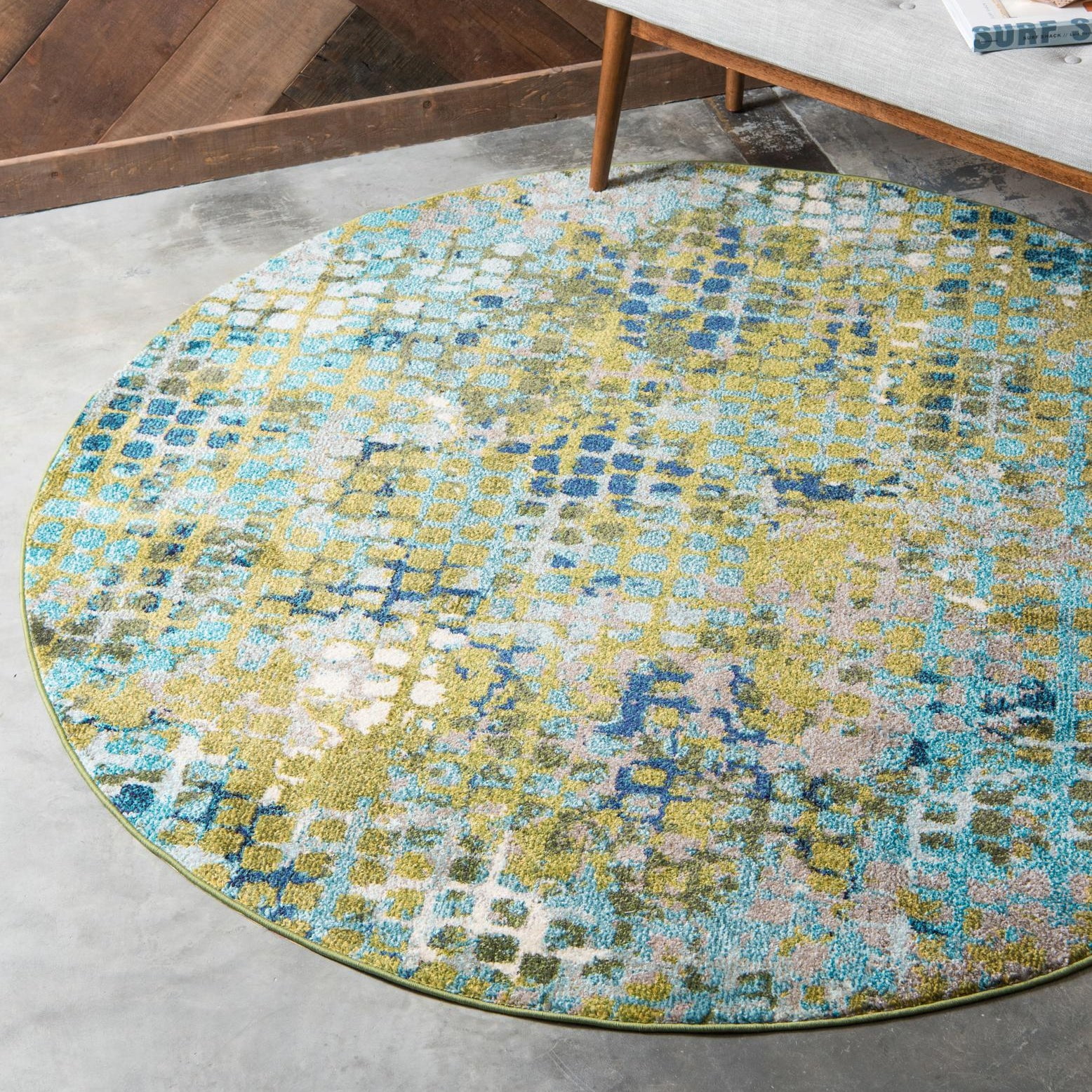 Theia Abstract Blue-Green Round Synthetic Area Rug, 6 ft